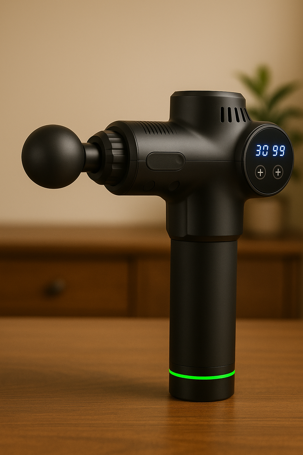 Black Fitlybuy ProMassage X1 gun with ball attachment, digital display, and green LED ring on a wooden table.