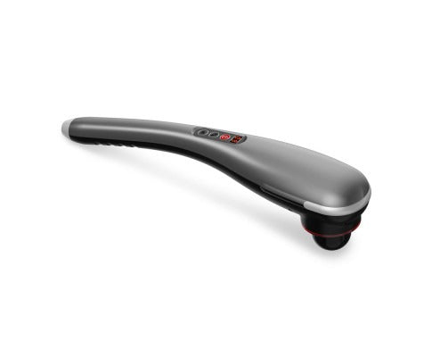 Fitlybuy grey rechargeable body hammer massager with digital control panel and deep tissue massage head.