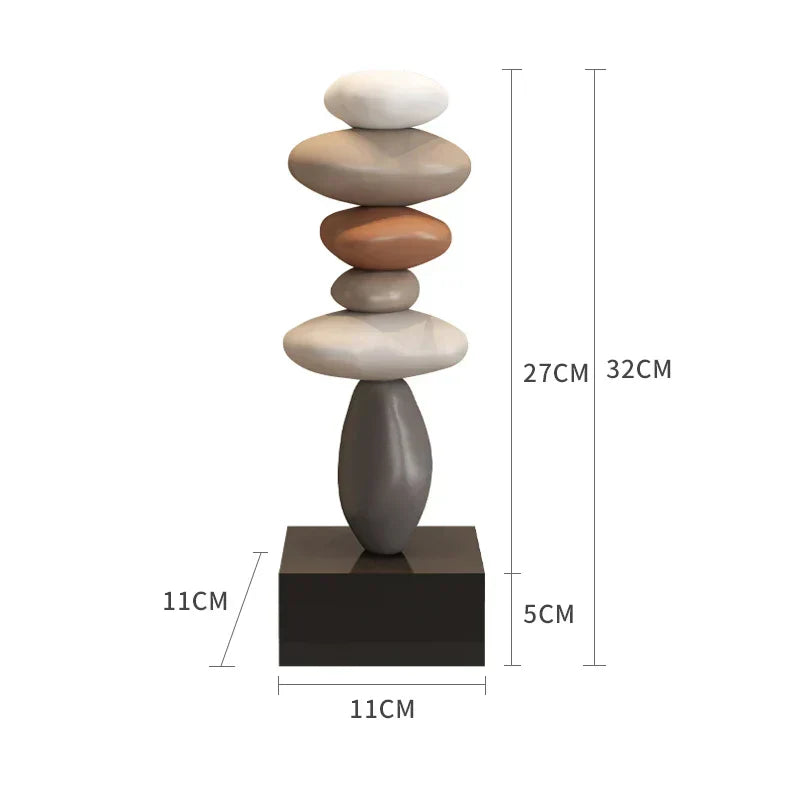 Fitlybuy Balanture Zen sculpture of stacked multicolored stones on a square base, featuring dimensions.
