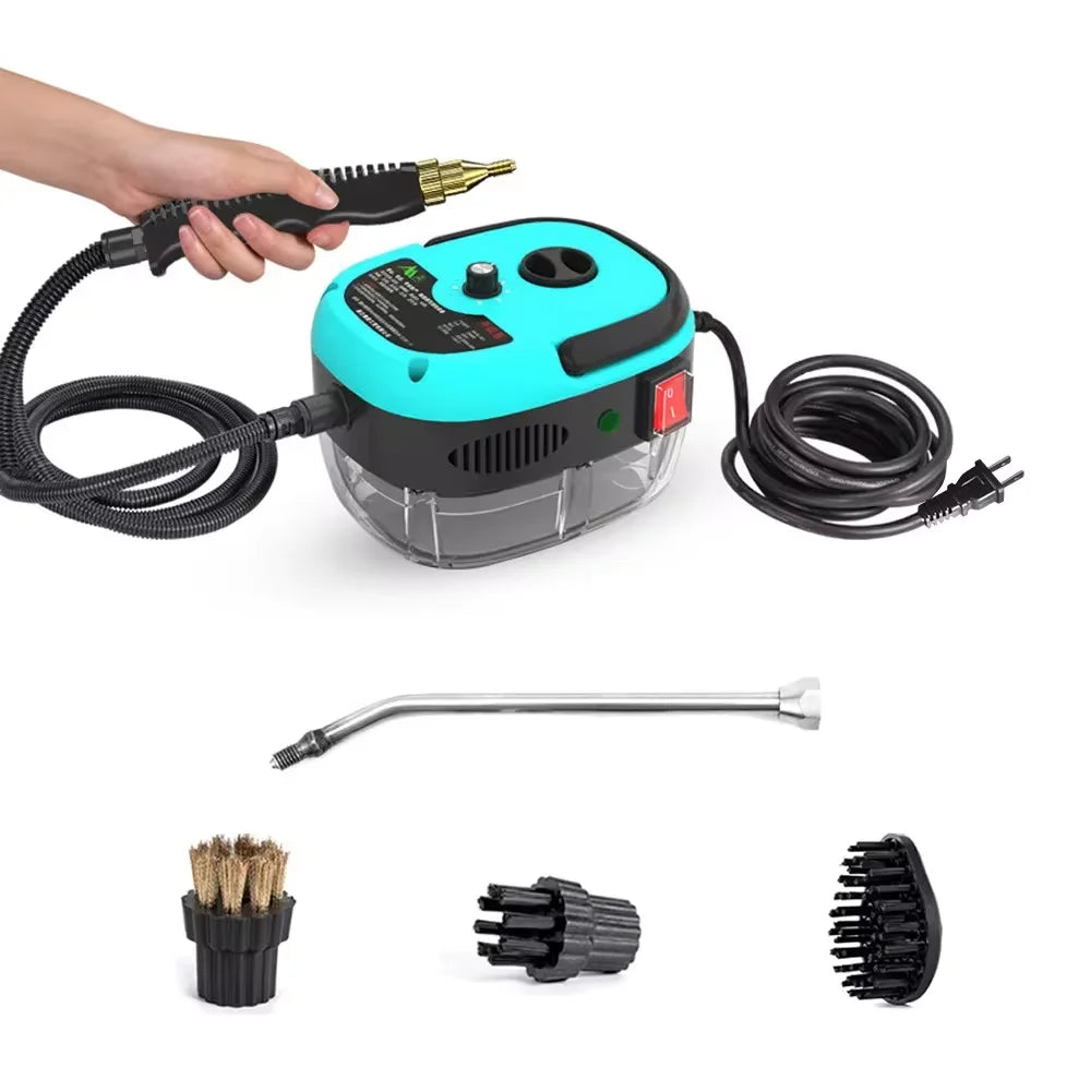 Fitlybuy SteamVolt turquoise high-pressure steam cleaner with nozzle, power cord, and three assorted cleaning brushes.
