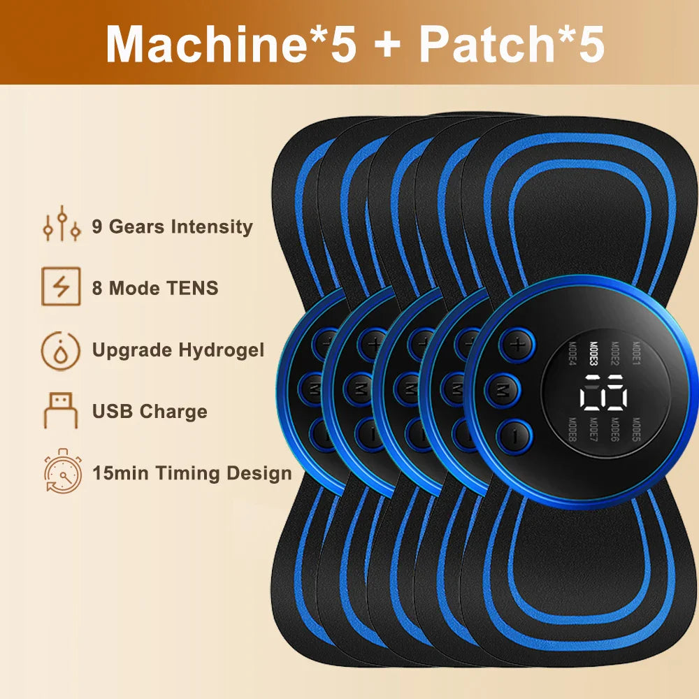 Fitlybuy EMS pulse neck massager set: 5 black and blue TENS pads with digital displays and 8-mode pain relief features.
