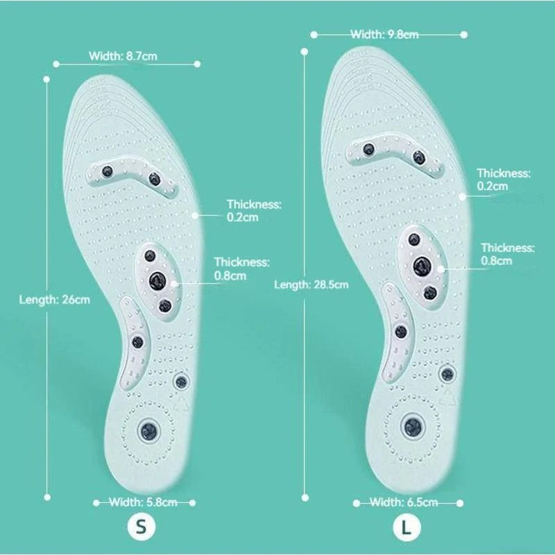 Fitlybuy light-blue magnetic acupressure insoles with size and dimension labels for small and large pairs.