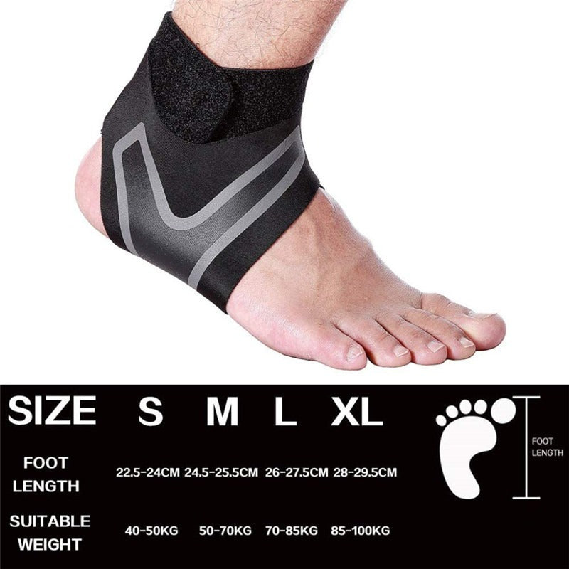 Black Fitlybuy ankle brace with FlexiGuard stabilization worn on a foot, with a size chart for weight and length.