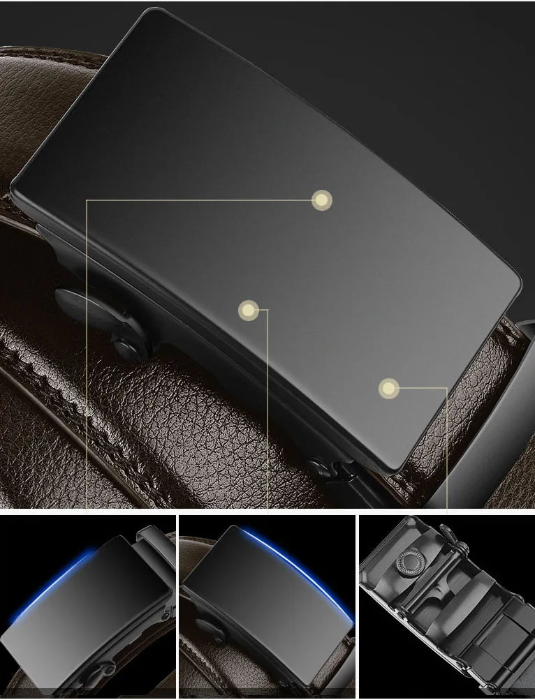 Fitlybuy men's brown PU leather belt with a matte black automatic sliding buckle and detailed mechanism views.