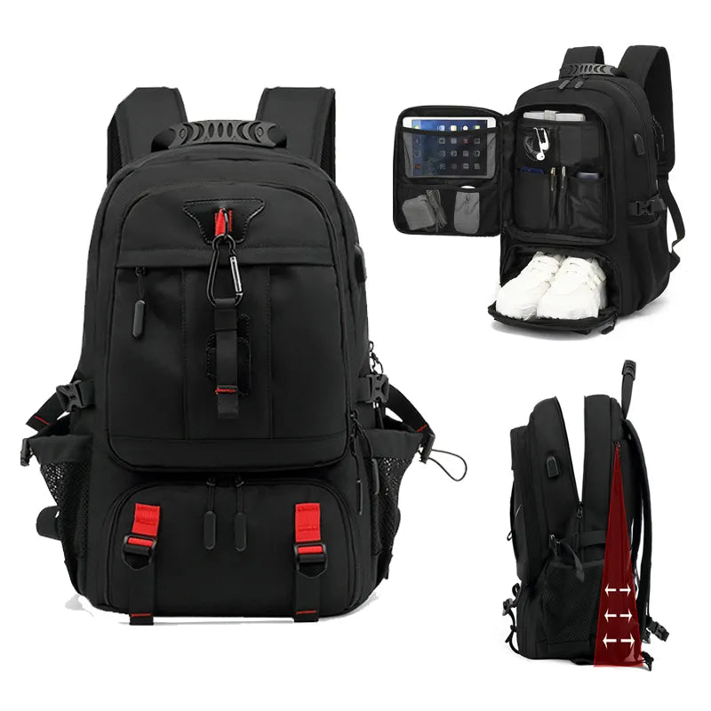 Fitlybuy Tech Trek Pro black travel backpack with red accents, USB port, shoe compartment, and expandable design.