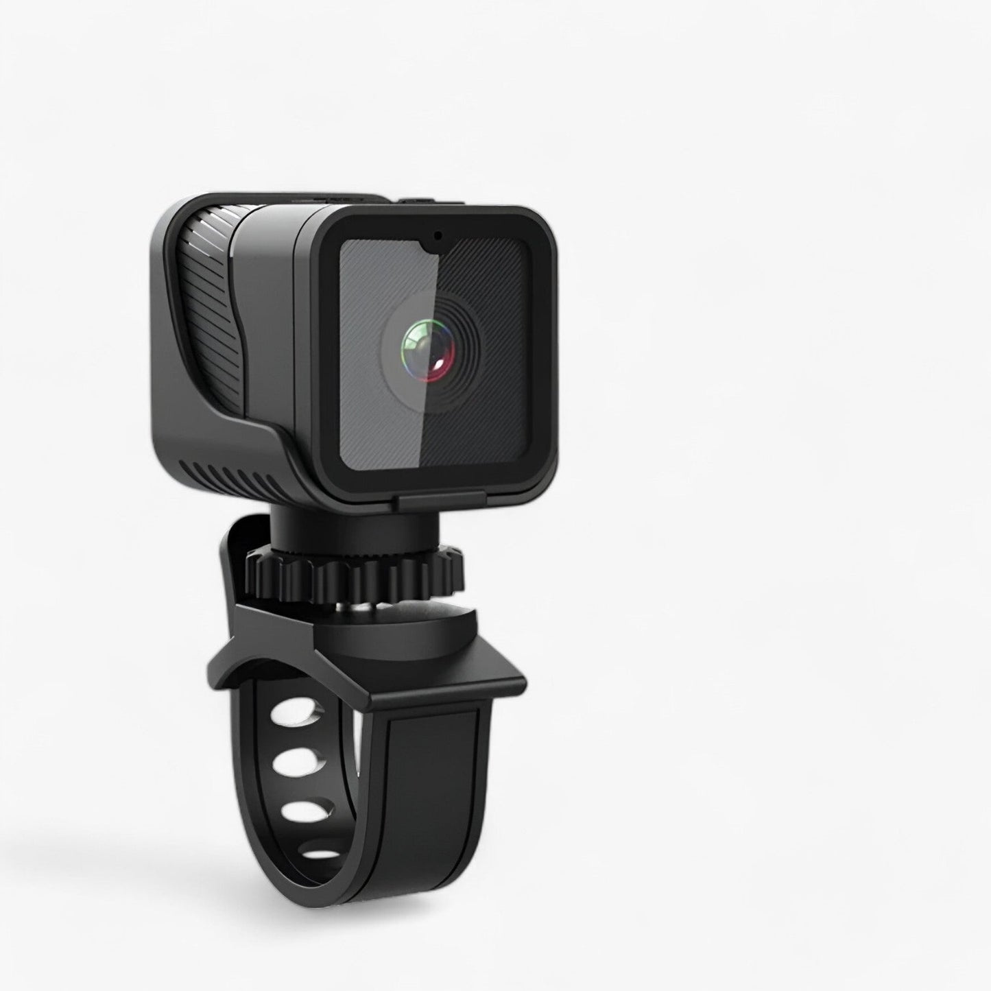 Fitlybuy RevCam 1080P HD black waterproof action camera mounted on a bike handlebar strap against a white background.