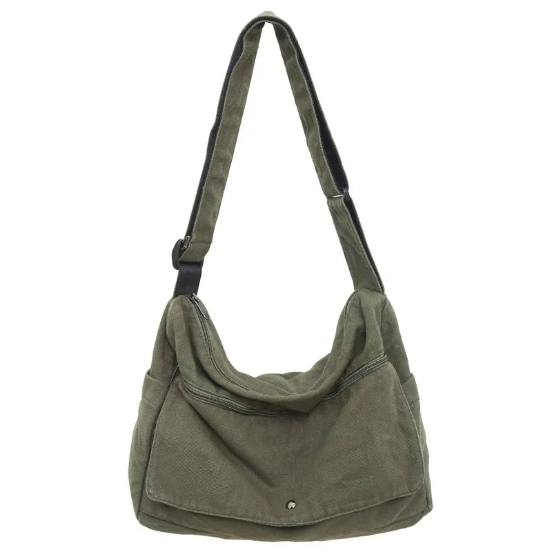 Olive green Fitlybuy canvas messenger sling bag with adjustable strap, front zipper pockets, and a fold-over flap.