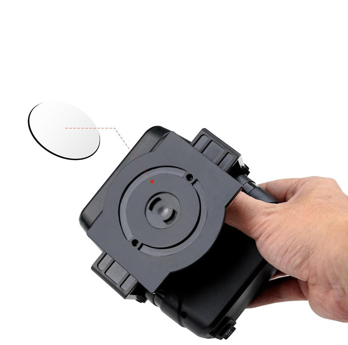 Hand holds black Fitlybuy 12V portable car heater and defroster showing the 360-degree rotation base design.