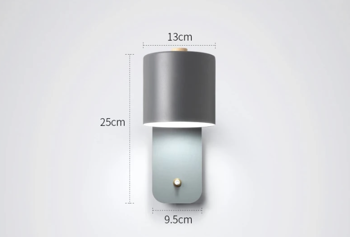 Modern grey LED wall lamp with smart switch, 25cm high and 13cm wide, featuring a minimalist design on white background.