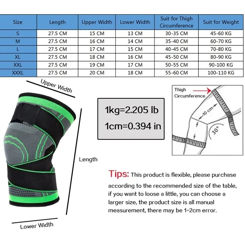Fitlybuy knee compression sleeve sizing chart with product image, measuring guide, and detailed fit specifications.