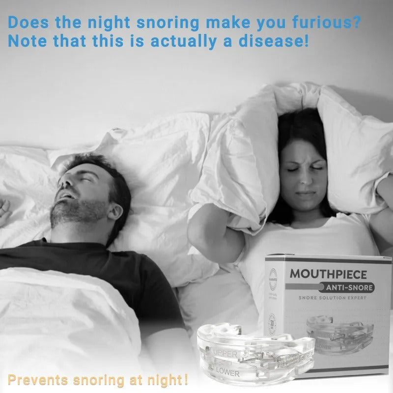 Clear Fitlybuy anti-snoring mouth guard and its product box displayed in front of a couple struggling with snoring.