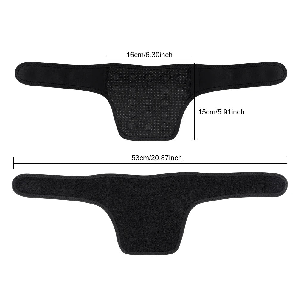 Black Fitlybuy self-heating neck brace with ThermoRelief texture and dimensions showing 53cm total length.