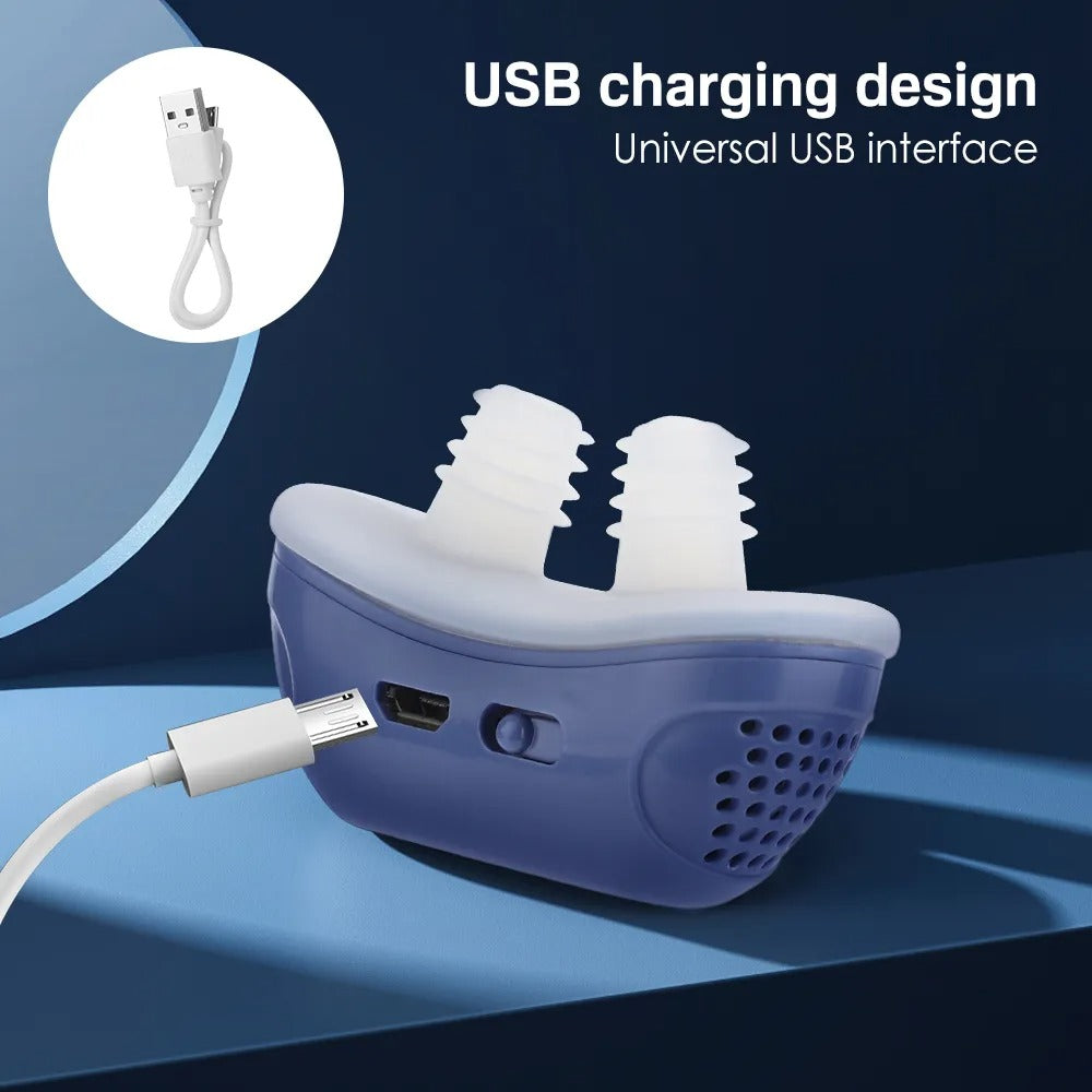Blue Fitlybuy silicone anti-snoring nasal dilator with USB charging cable and soft white comfort-fit inserts.