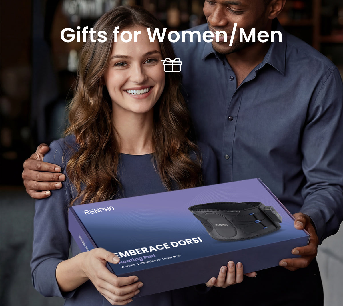 A couple holds a purple box featuring the Renpho Emberace Dorsi cordless back massager waistband with ergonomic design.
