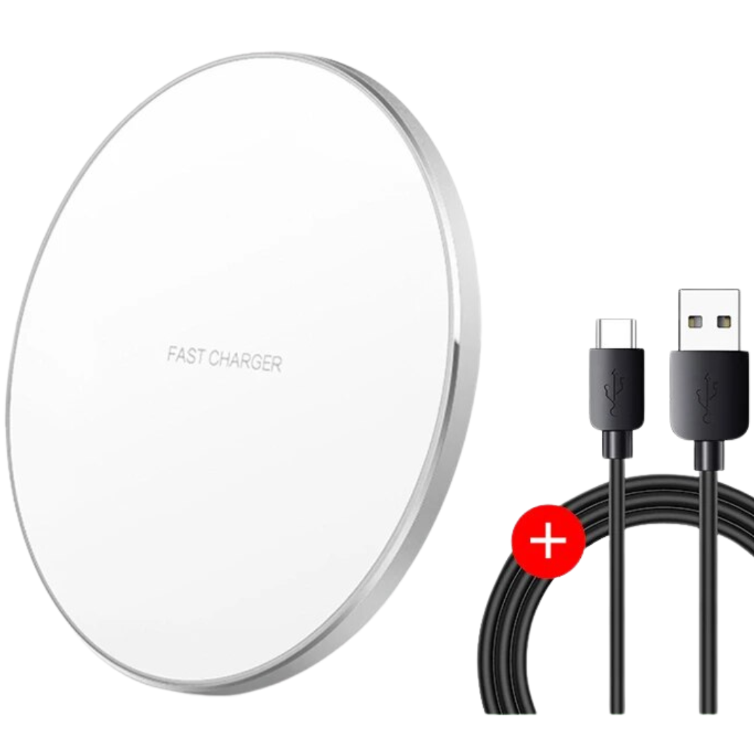Fitlybuy 30W white circular fast wireless charging pad with a black USB-C charging cable.