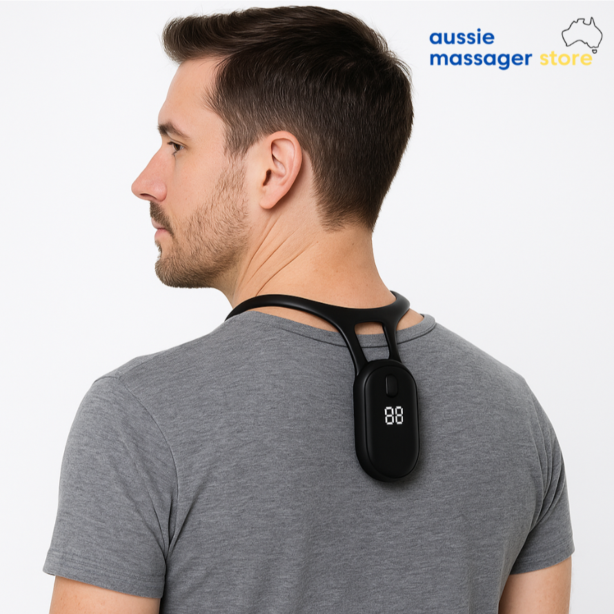 Man wearing a black Fitlybuy SmartSense posture trainer device with a digital display on his upper back.