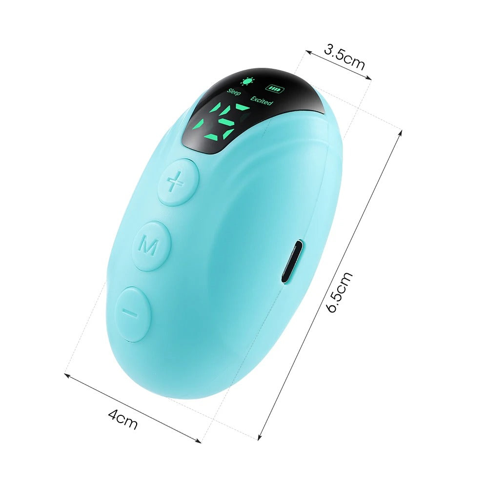 Light blue handheld anxiety relief sleep aid device with digital display, buttons, and size dimensions labeled.