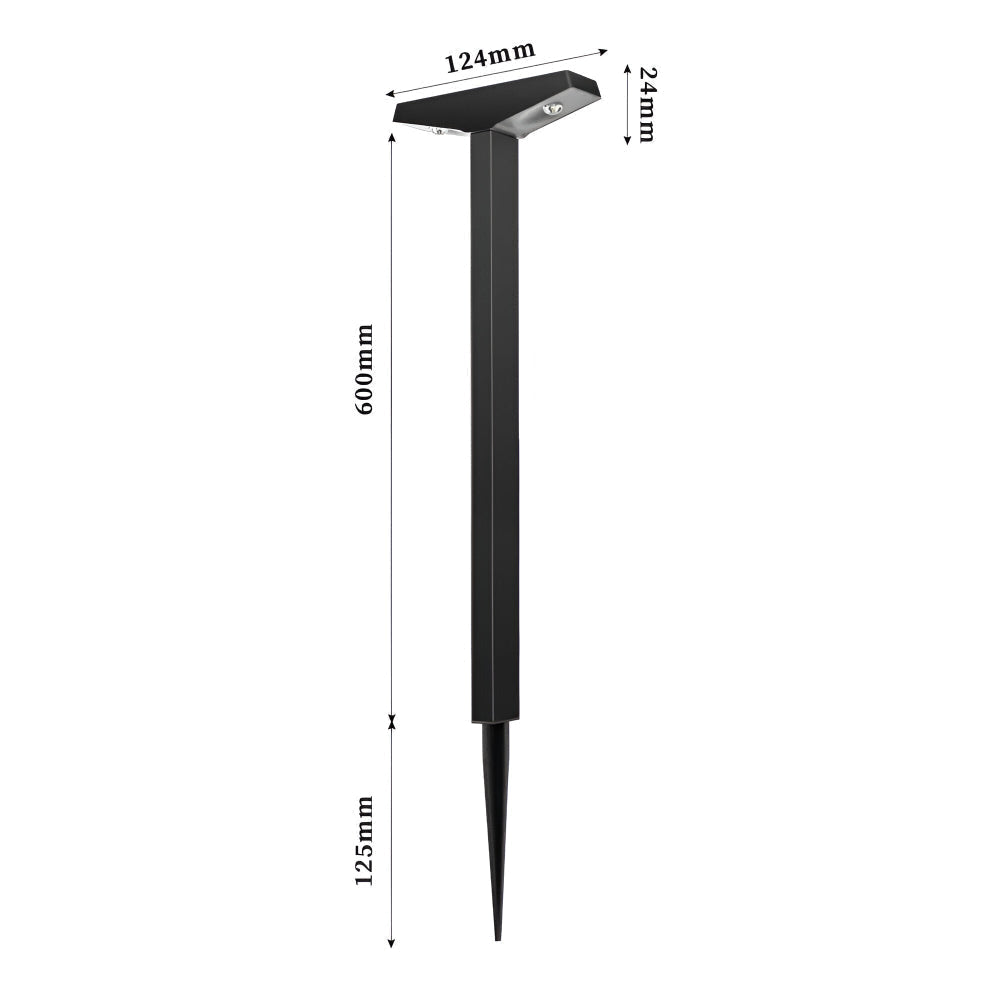 Fitlybuy SolaraPath black solar pathway light with dimension labels, including a 600mm post and tapered ground stake.