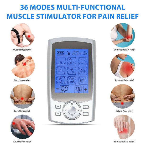 Fitlybuy silver TENS/EMS muscle stimulator with LCD screen, surrounded by icons showing pain relief for various body parts.