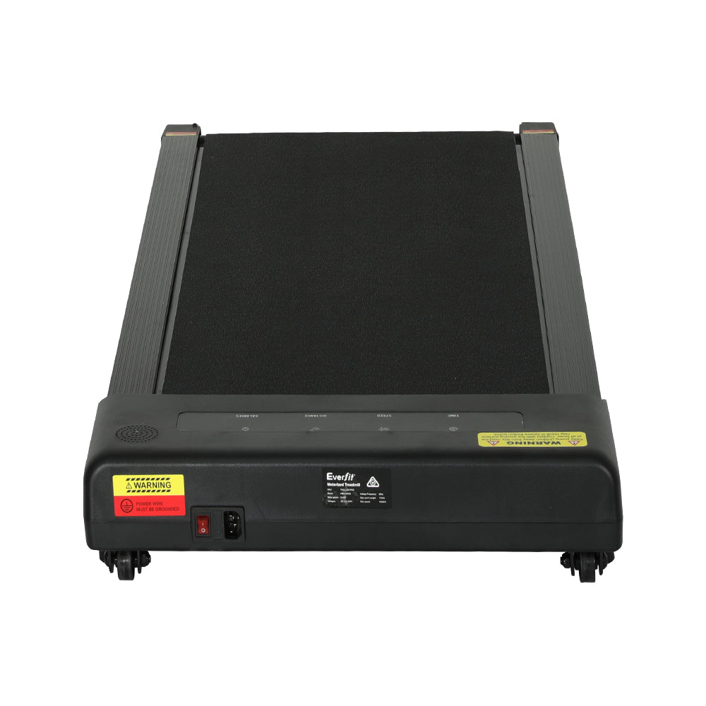 Fitlybuy ultra-slim black electric walking pad treadmill with a digital display and wheels on a white background.