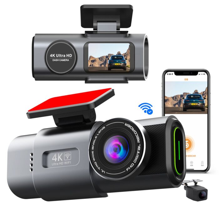 TrailVision 4K WiFi dash cam in gray with front and rear cameras, phone app integration, and windshield mount.