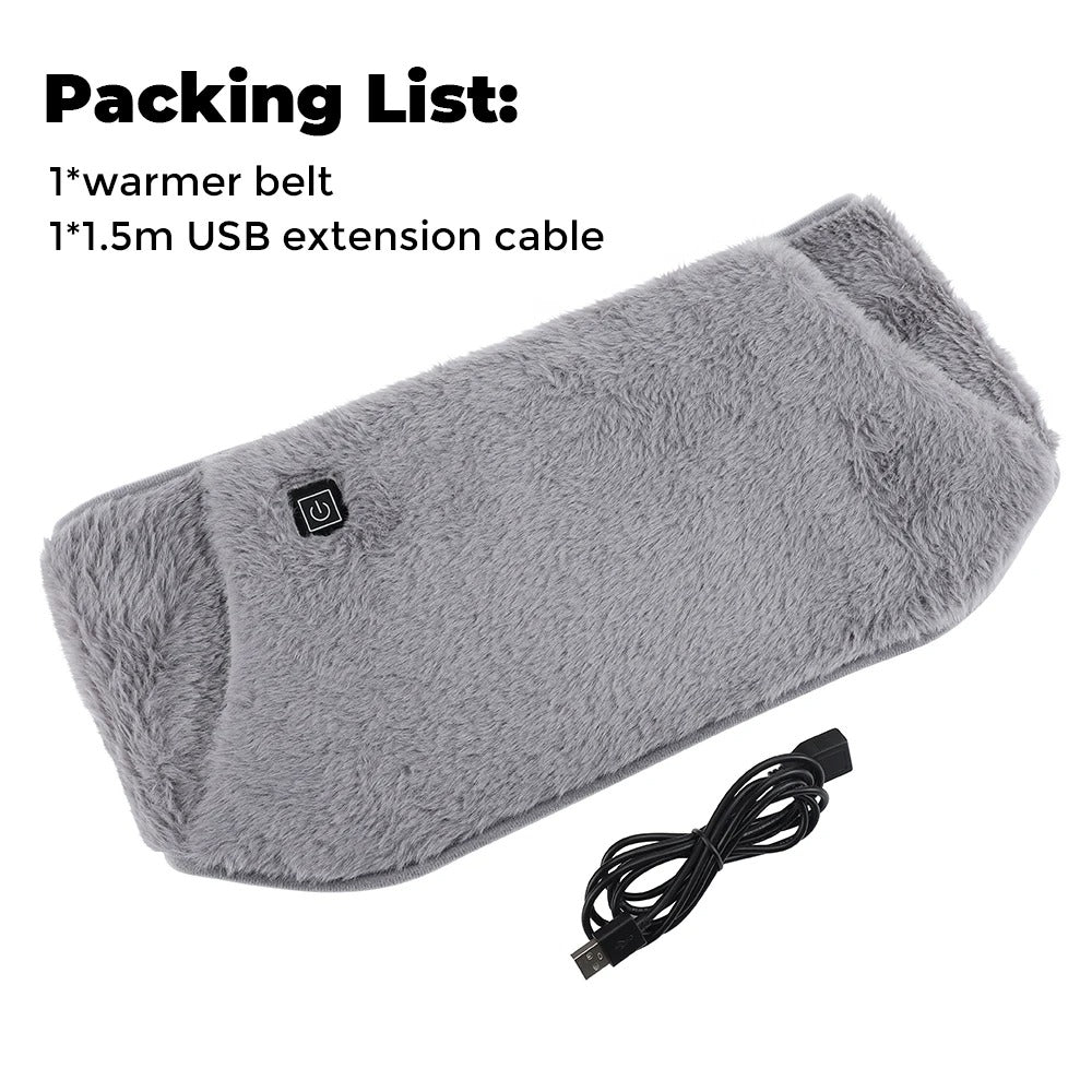 Fitlybuy gray, plush electric hand and waist warmer with power button and 1.5m USB cable, shown in a packing list.