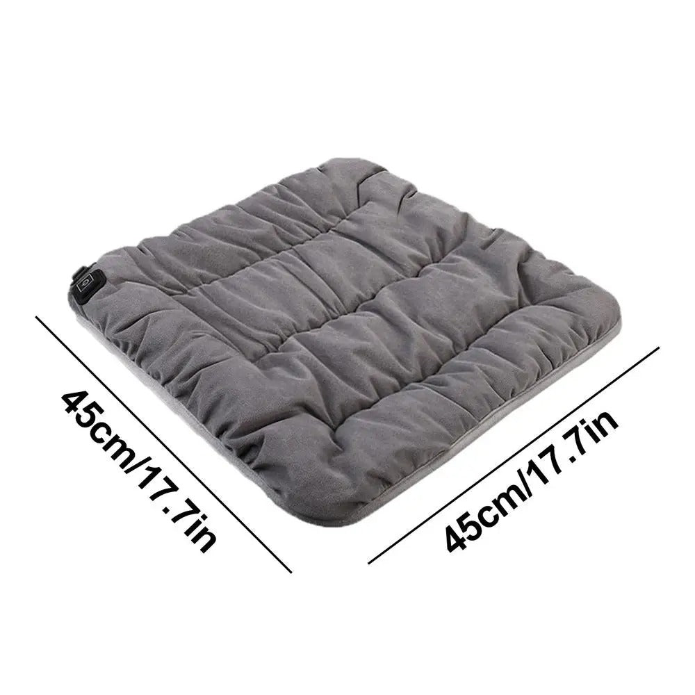 Gray, square, 45cm USB-rechargeable heated seat cushion with button control and soft, tufted fabric texture.