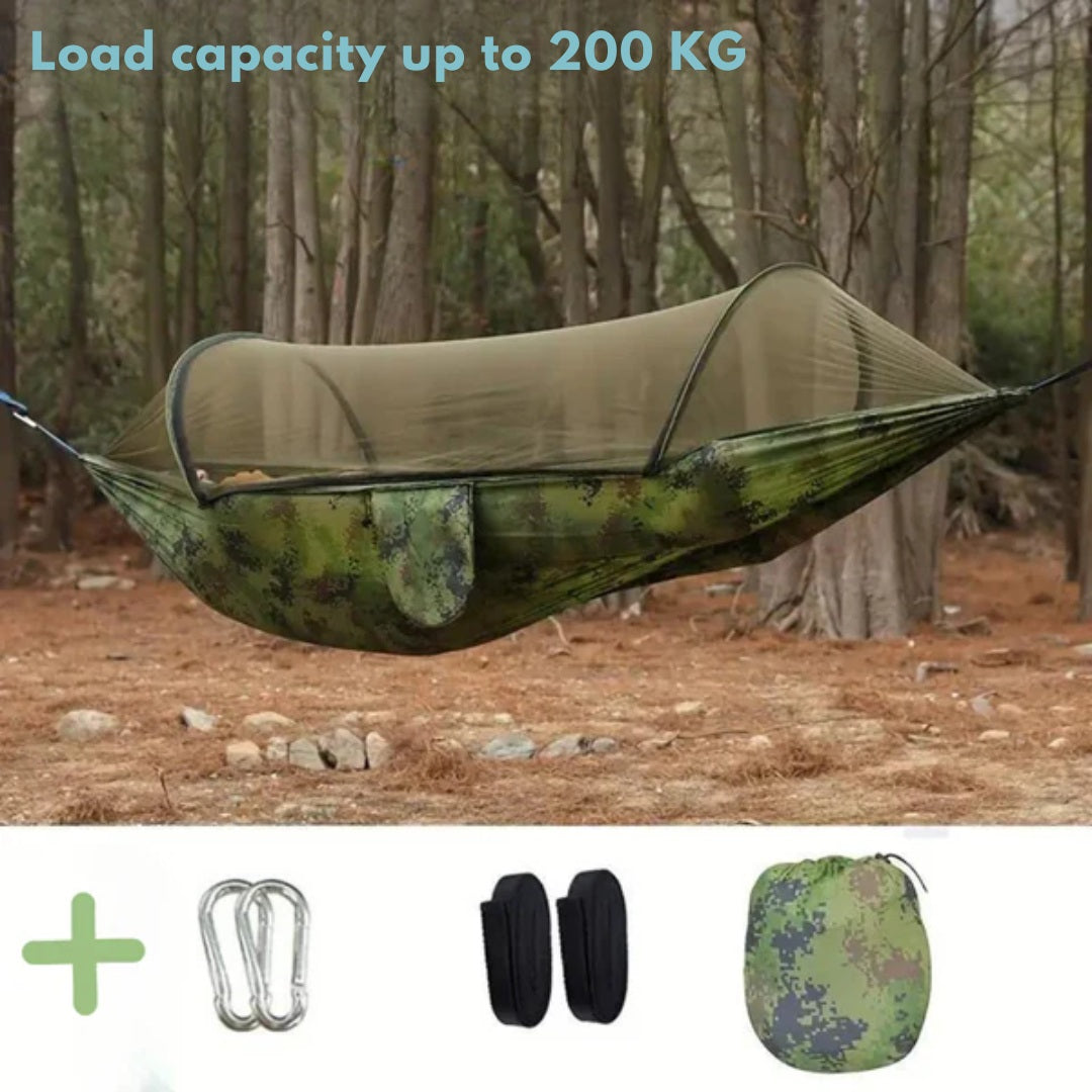 Camo Fitlybuy hammock with mosquito net, 200kg capacity, includes carabiners, straps, and carry bag in forest setting.