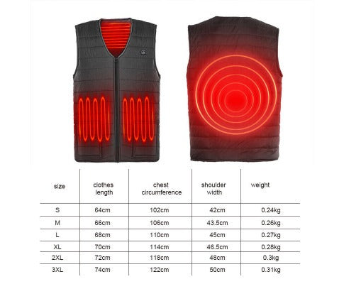 Black Fitlybuy USB heated vest showing front and back heating zones, with a size chart for S-3XL.