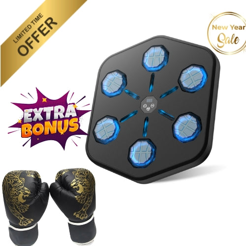 Fitlybuy Groovy Punch fitness machine with glowing blue pads and black and gold boxing gloves on a white background.