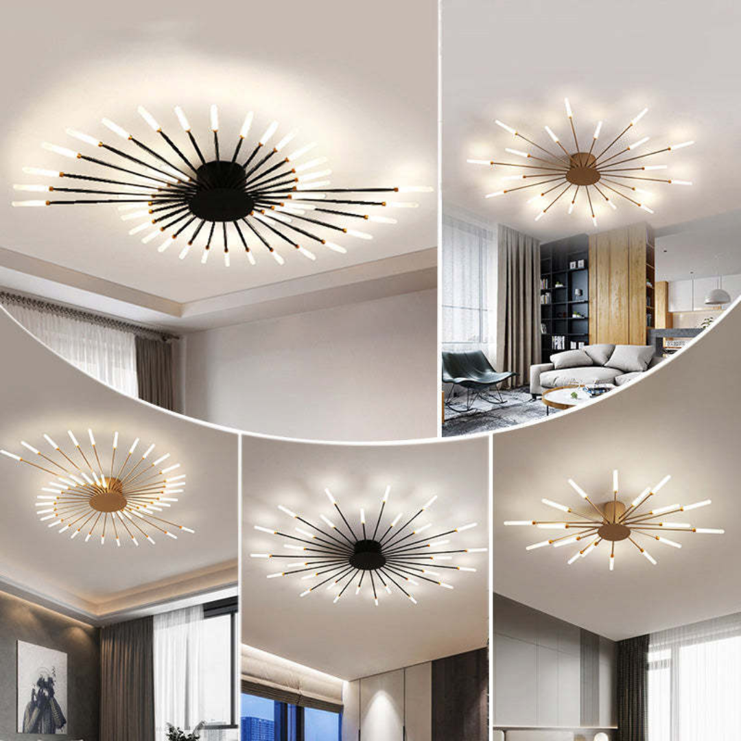 Fitlybuy modern LED ceiling light with black or gold sputnik-style arms and energy-efficient glowing tips in rooms.