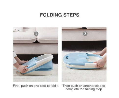 Fitlybuy blue and white foldable foot spa bucket showing two steps to collapse the device for easy storage.