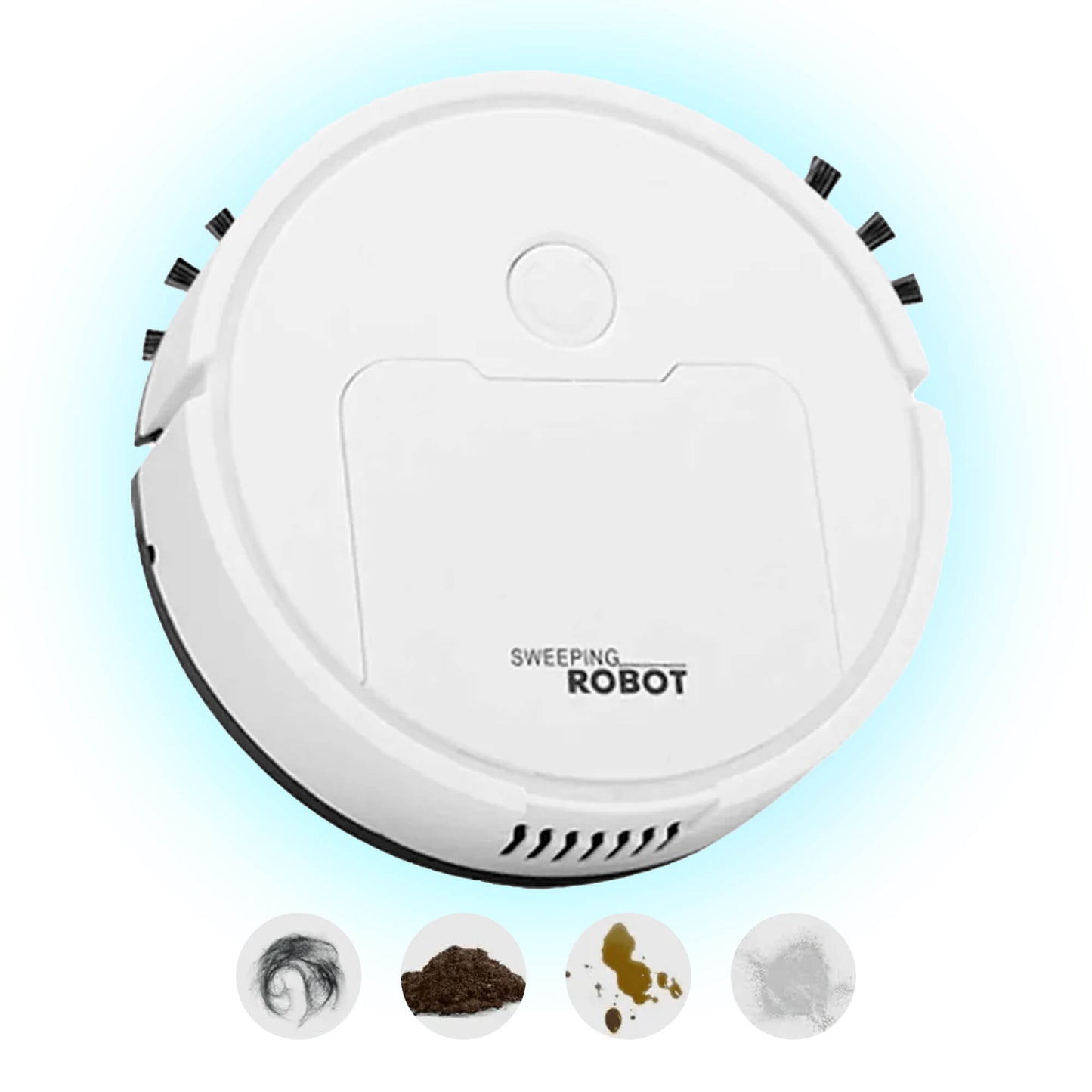 Fitlybuy Cosmos Pro white robotic vacuum and mop with cleaning icons for hair, dirt, liquid, and dust.