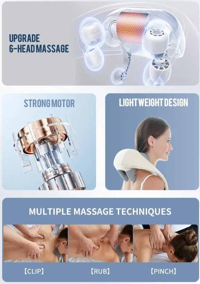 Fitlybuy neck massager features 6-head massage, heat therapy, and ergonomic design for clip, rub, and pinch techniques.