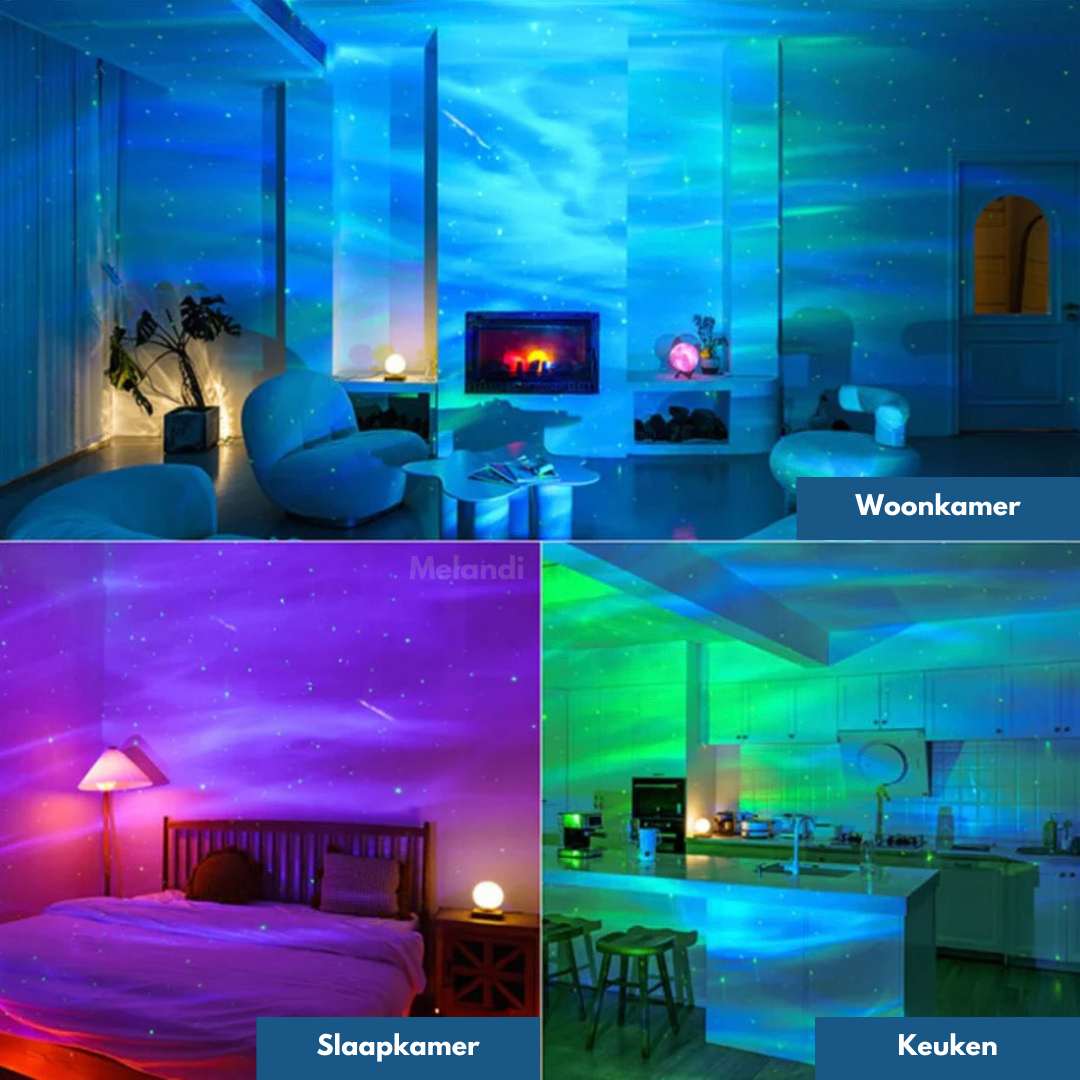 Fitlybuy Aurora projector displaying vibrant northern lights and star effects on walls in living room, bedroom, and kitchen.