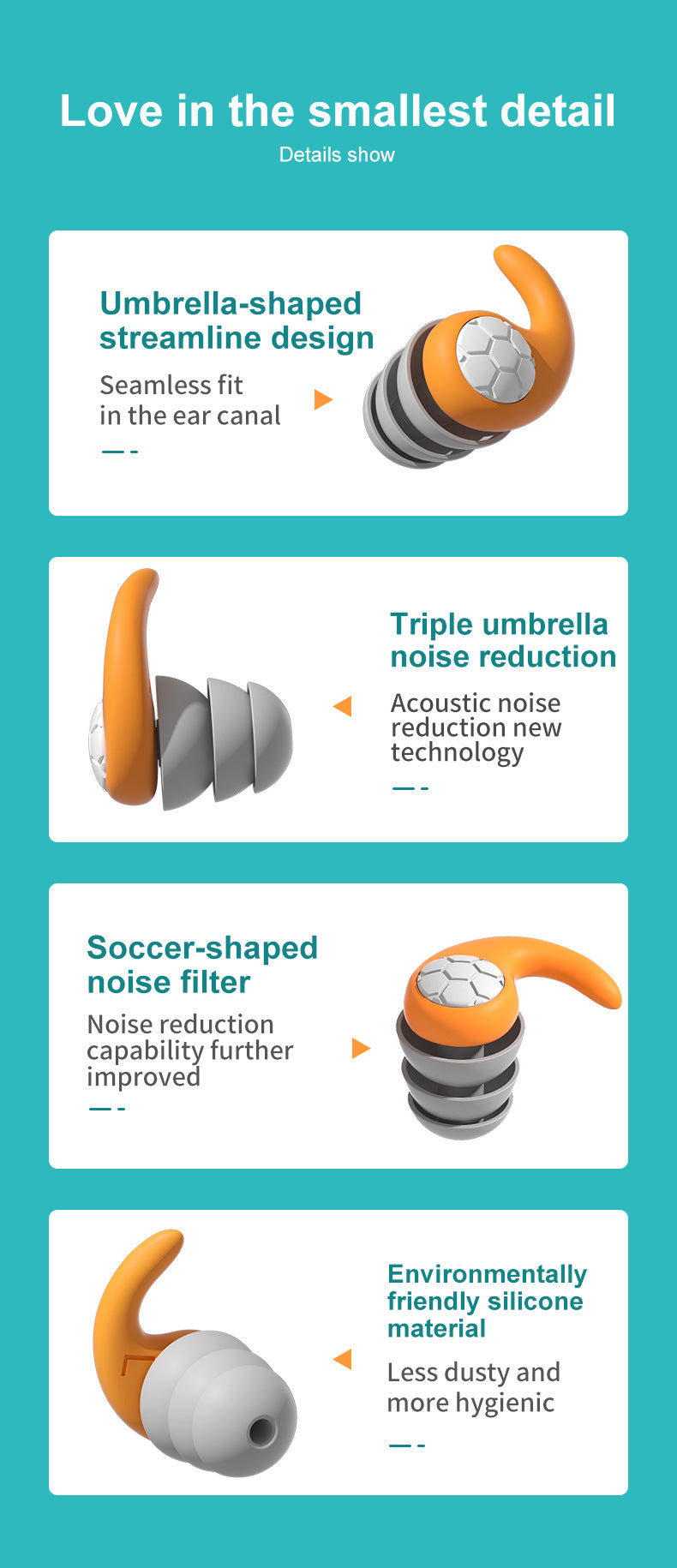 Fitlybuy orange and grey sleep earplugs featuring a triple-flange design and a unique soccer-ball noise filter.