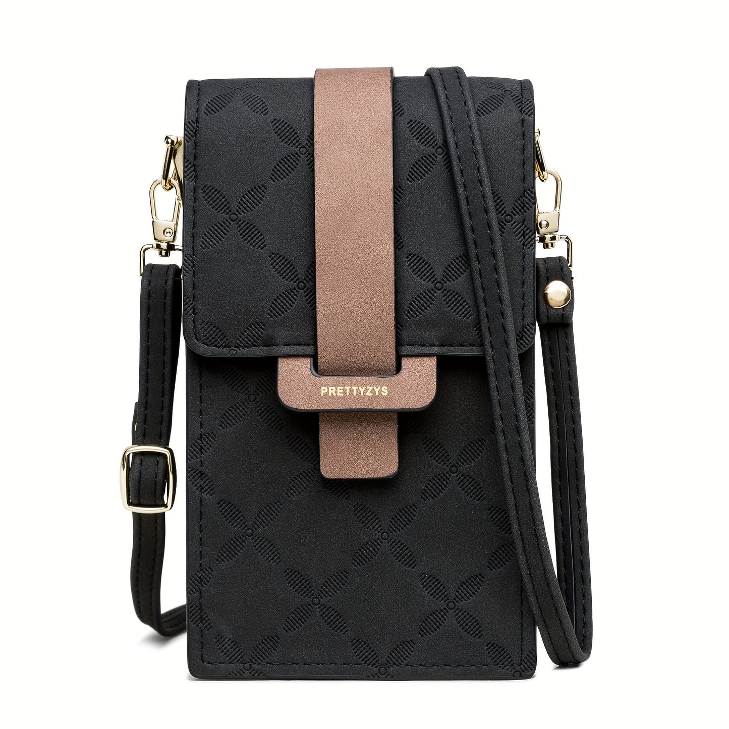 Black compact crossbody bag with embossed floral pattern, tan strap detail, and gold hardware on white background.