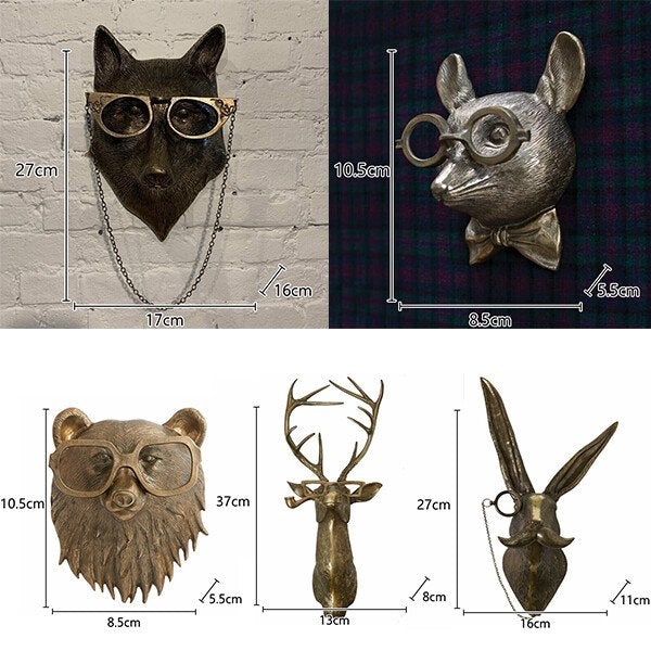 Fitlybuy metallic animal head wall decor set including a fox, mouse, bear, deer, and rabbit with playful accessories.