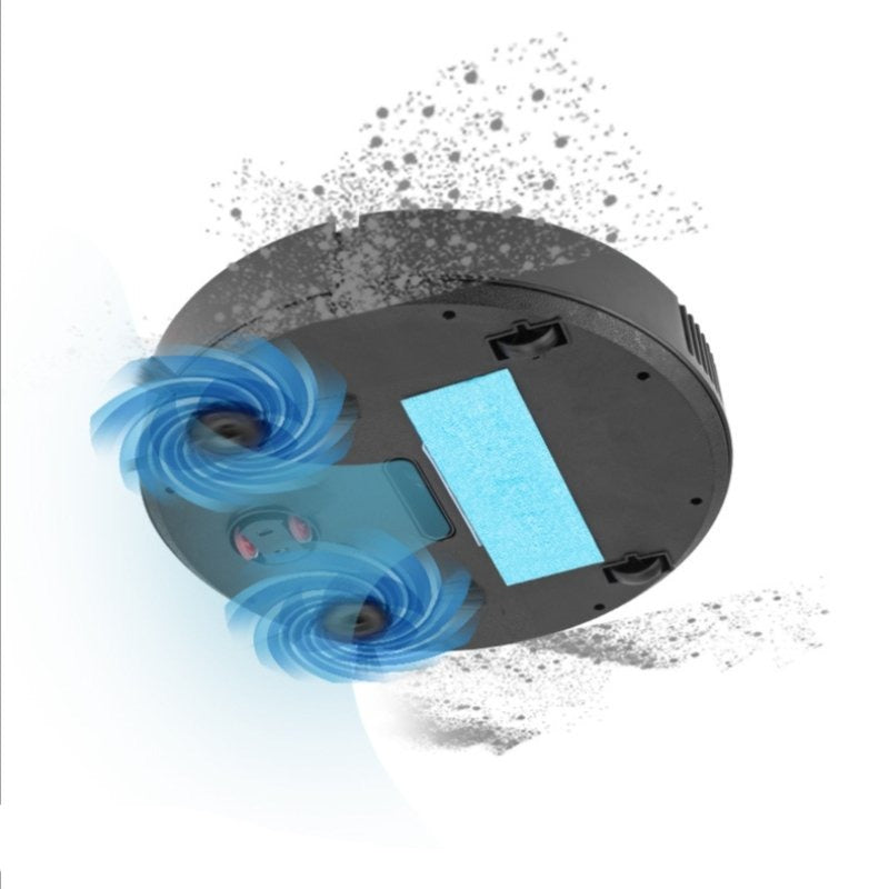 Fitlybuy AutoSweep robot vacuum in black, showing dual spinning side brushes and a blue suction port cleaning dust.