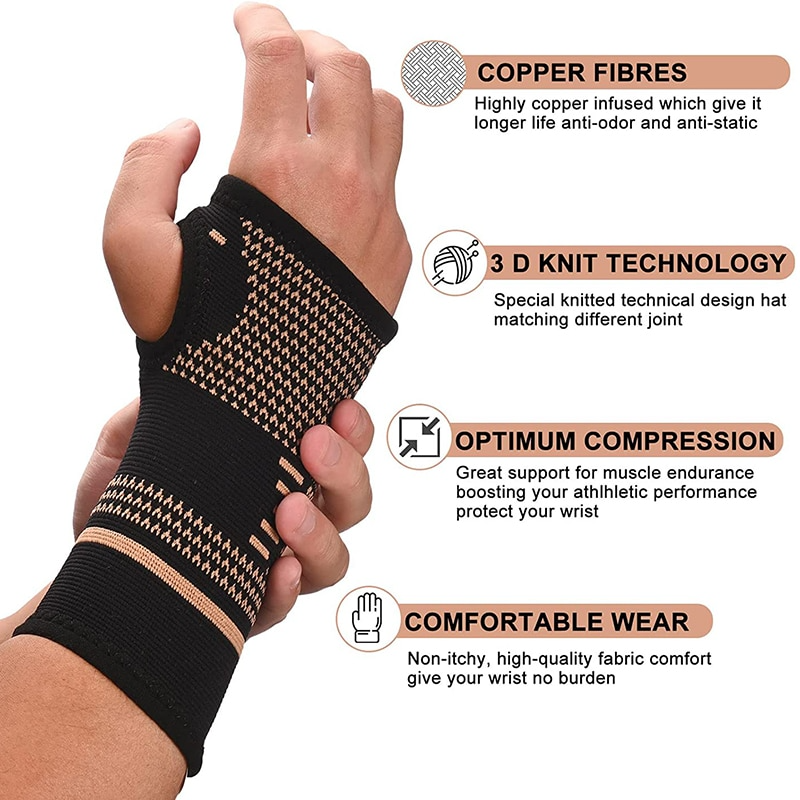 Fitlybuy black and copper compression wrist sleeve on a hand, highlighting 3D knit technology and heat therapy benefits.