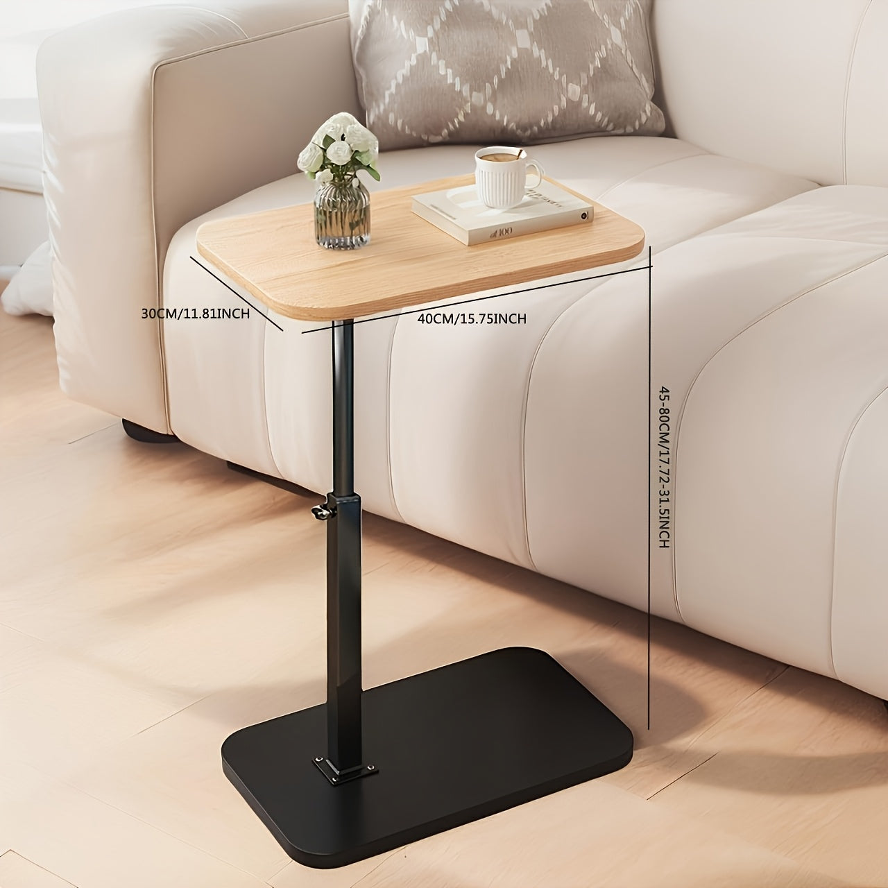 Fitlybuy adjustable side table with light wood top, black metal frame, and dimensions shown next to a white sofa.