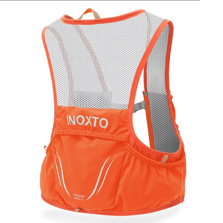 Bright orange Fitlybuy hydration vest with breathable mesh back and rear gear pocket for trail running.