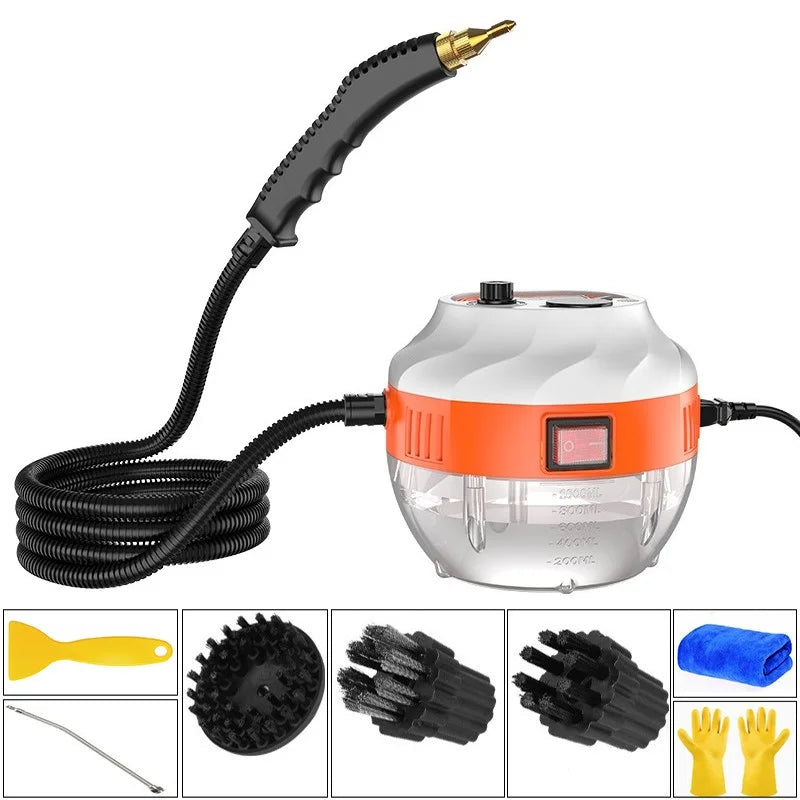 Fitlybuy 2800W orange/white steam cleaner with hose, nozzle, and included cleaning brushes, cloth, and gloves.
