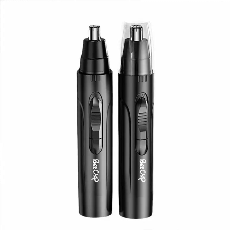 Two black Fitlybuy rechargeable nose and ear hair trimmers, one with a protective clear cap on a white background.