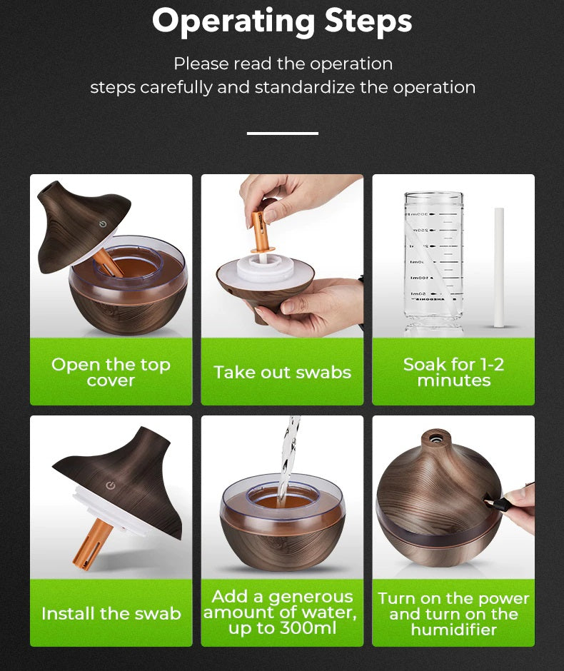 Fitlybuy wood grain aroma diffuser infographic showing 6 steps for ultrasonic humidification setup and operation.