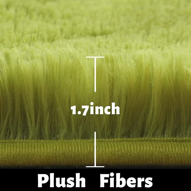 Close-up of lime green Fitlybuy FluffyMat rug featuring thick, 1.7-inch ultra-soft plush fibers for extra comfort.