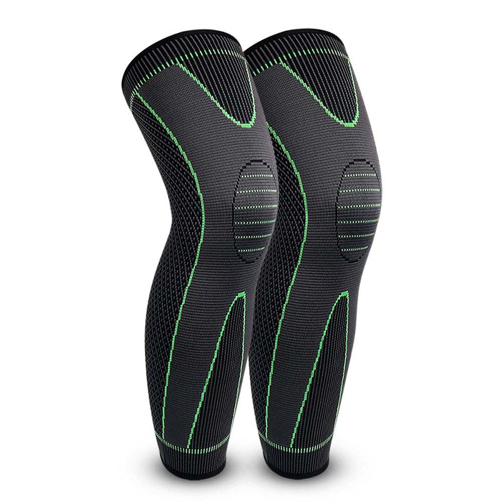 Pair of grey and neon green Fitlybuy full leg compression sleeves with structured knit support for knees.
