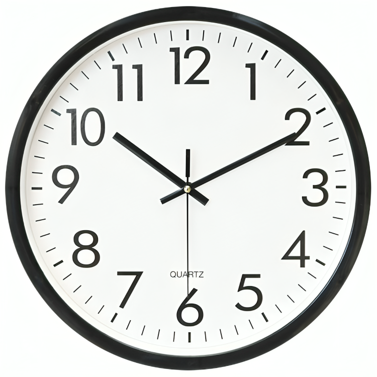 Fitlybuy 34cm round atomic wall clock with a black frame, white face, and large black numbers for easy reading.