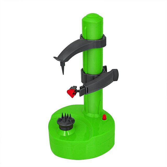 Fitlybuy green automatic electric fruit and vegetable peeler with adjustable arms and blade on a white background.