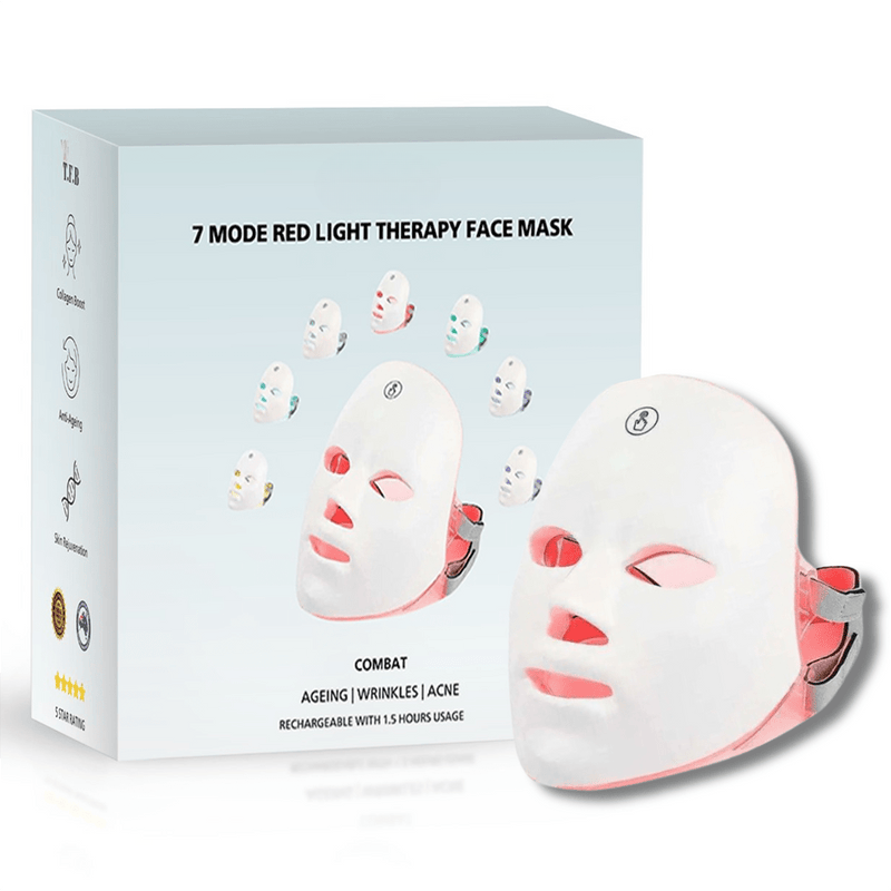 Fitlybuy white 7-mode red light therapy face mask with adjustable strap and product packaging box.